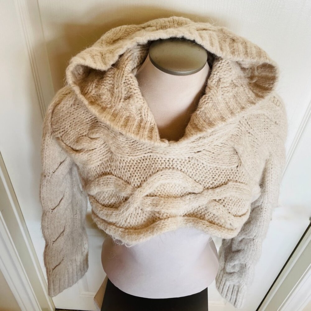 Zara NEW Cream Cable Knit Wool Arm Warmer/Cropped Sweater with Hood - Picture 10 of 16